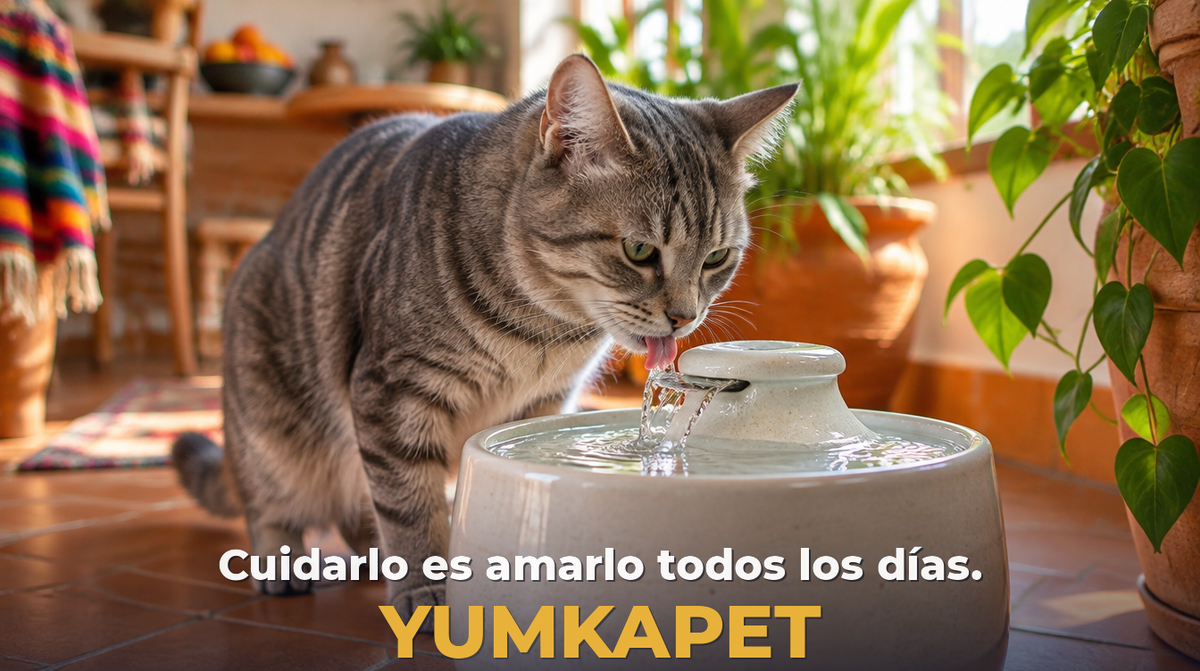 Gato bebiendo agua fresca de una fuente en un hogar mexicano cálido, con la frase Cuidarlo es amarlo todos los días y el logotipo Yumkapet