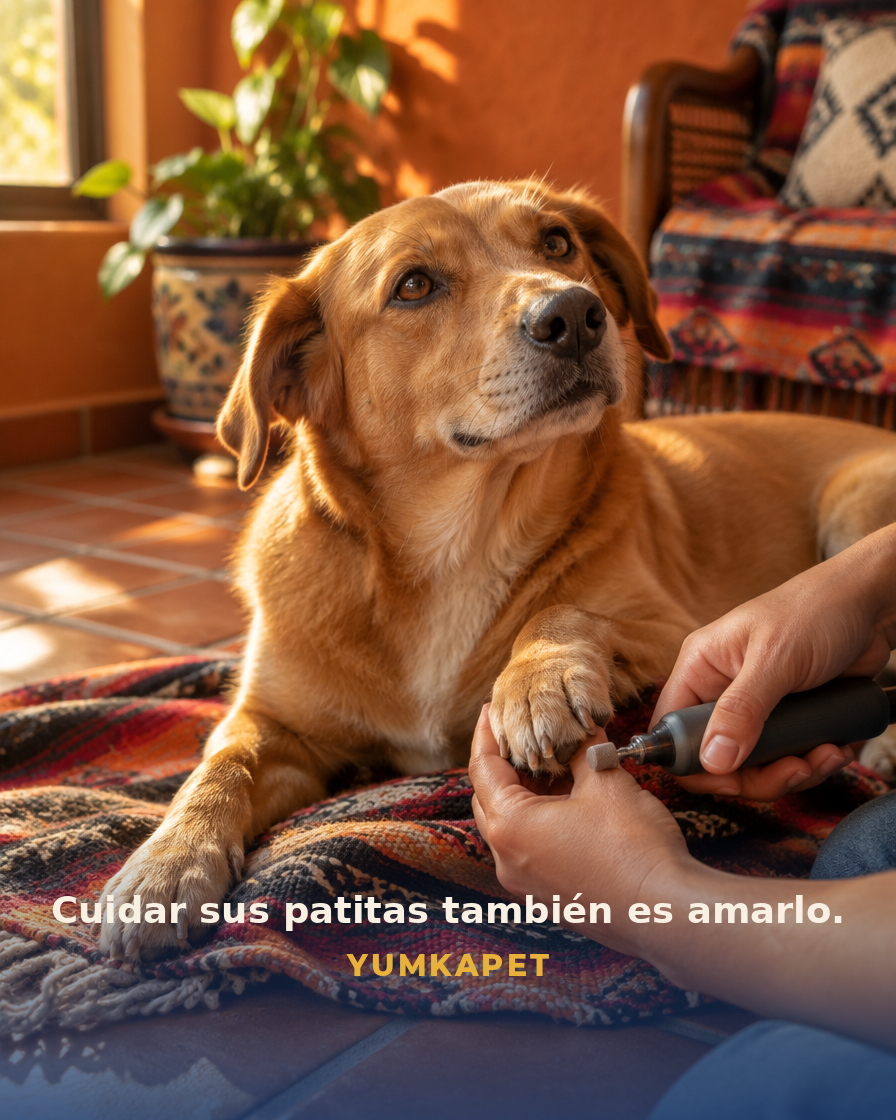 Manos cuidando con ternura las uñas de un perro tranquilo y confiado en un hogar mexicano, con la frase Cuidar sus patitas también es amarlo y la marca Yumkapet