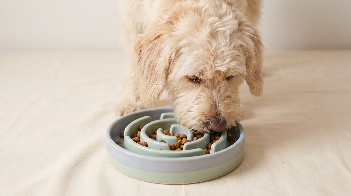 Perro comiendo en un plato de alimentación lenta con relieves en laberinto