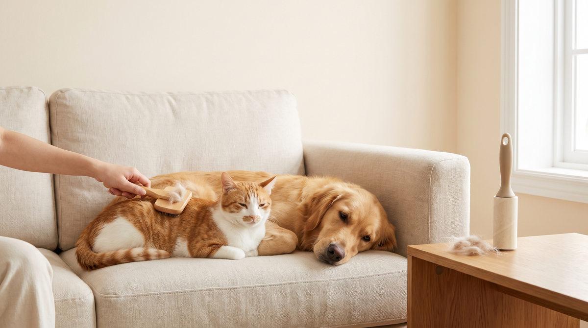 Cepillado tranquilo de un gato en el sofá con cepillo deslanador autolimpiable