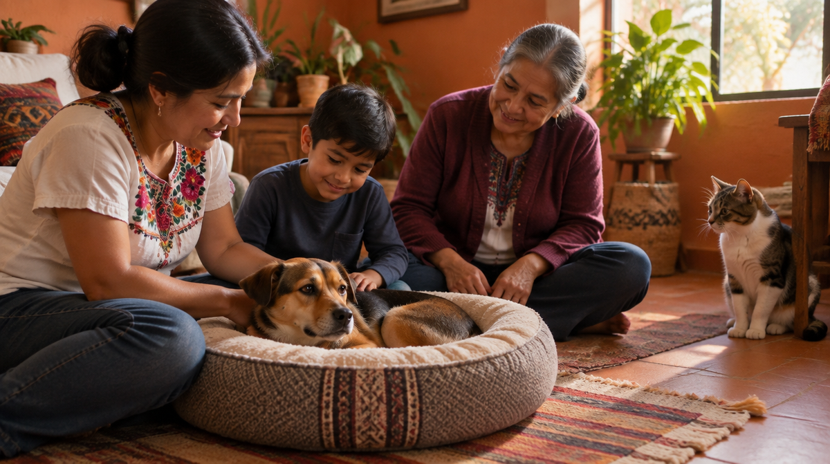 Familia mexicana sentada en la sala de su casa dándole espacio con paciencia a un perro recién adoptado que descansa en una cama redonda, mientras un gato observa desde lejos con luz natural de la tarde