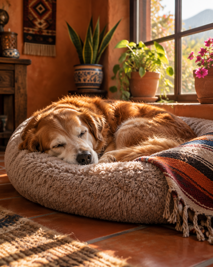 Perro dorado durmiendo en paz en una cama antiestrés tipo donut junto a una ventana soleada de un hogar cálido