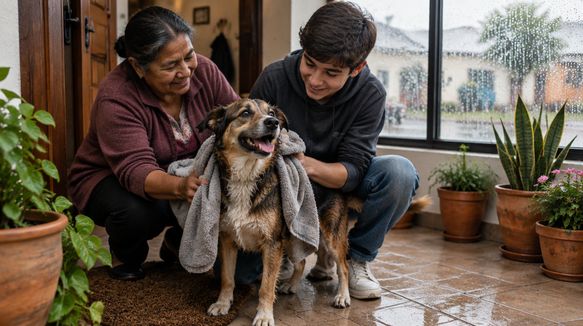 Una señora y un adolescente secan con una toalla a su perro mestizo empapado en la entrada de su casa, mientras llueve del otro lado de la ventana.