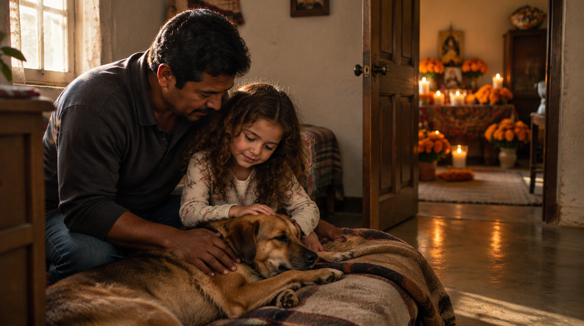 Un papá y su hija acarician con calma a su perro echado en una cama en un cuarto tranquilo de una casa mexicana, mientras al fondo un altar de Día de Muertos con cempasúchil y veladoras queda fuera del alcance del animal.