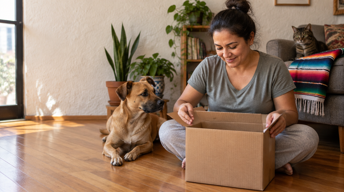 Mujer mexicana sentada en el piso de la sala de su departamento abriendo una caja de cartón, con un perro mestizo canela a su lado y un gato atigrado observando desde el sillón