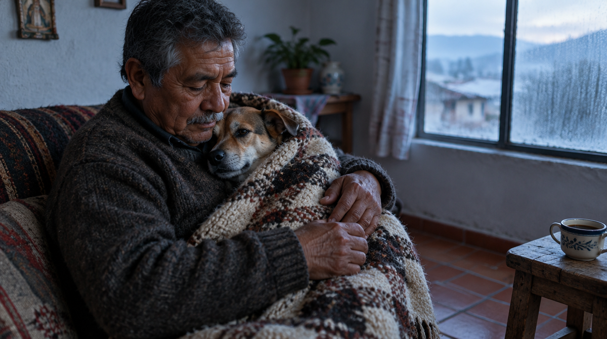 Hombre mayor mexicano envuelve con cariño a un perro chico de pelo corto en una cobija gruesa, en una mañana fría dentro de su casa