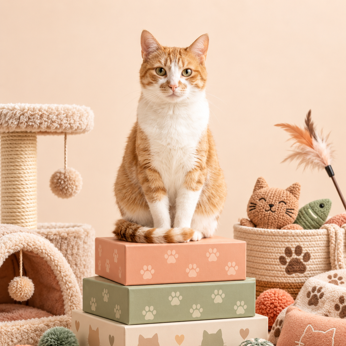 Gato naranja sentado entre juguetes y accesorios para gato