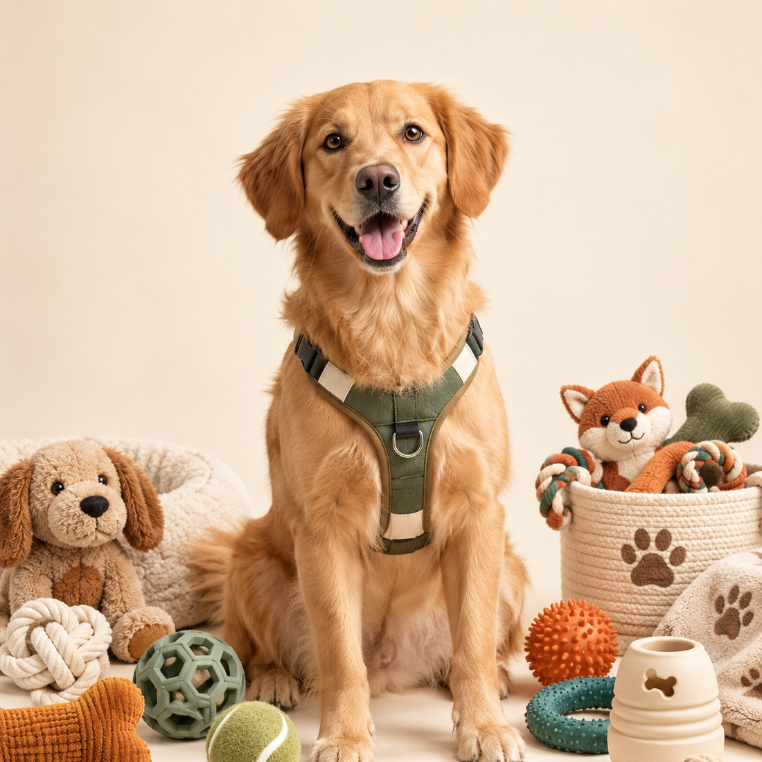 Perro golden retriever con arnés rodeado de juguetes para mascota