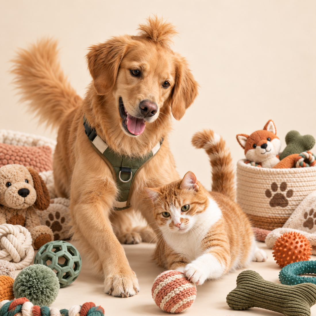 Perro y gato juntos rodeados de juguetes y accesorios
