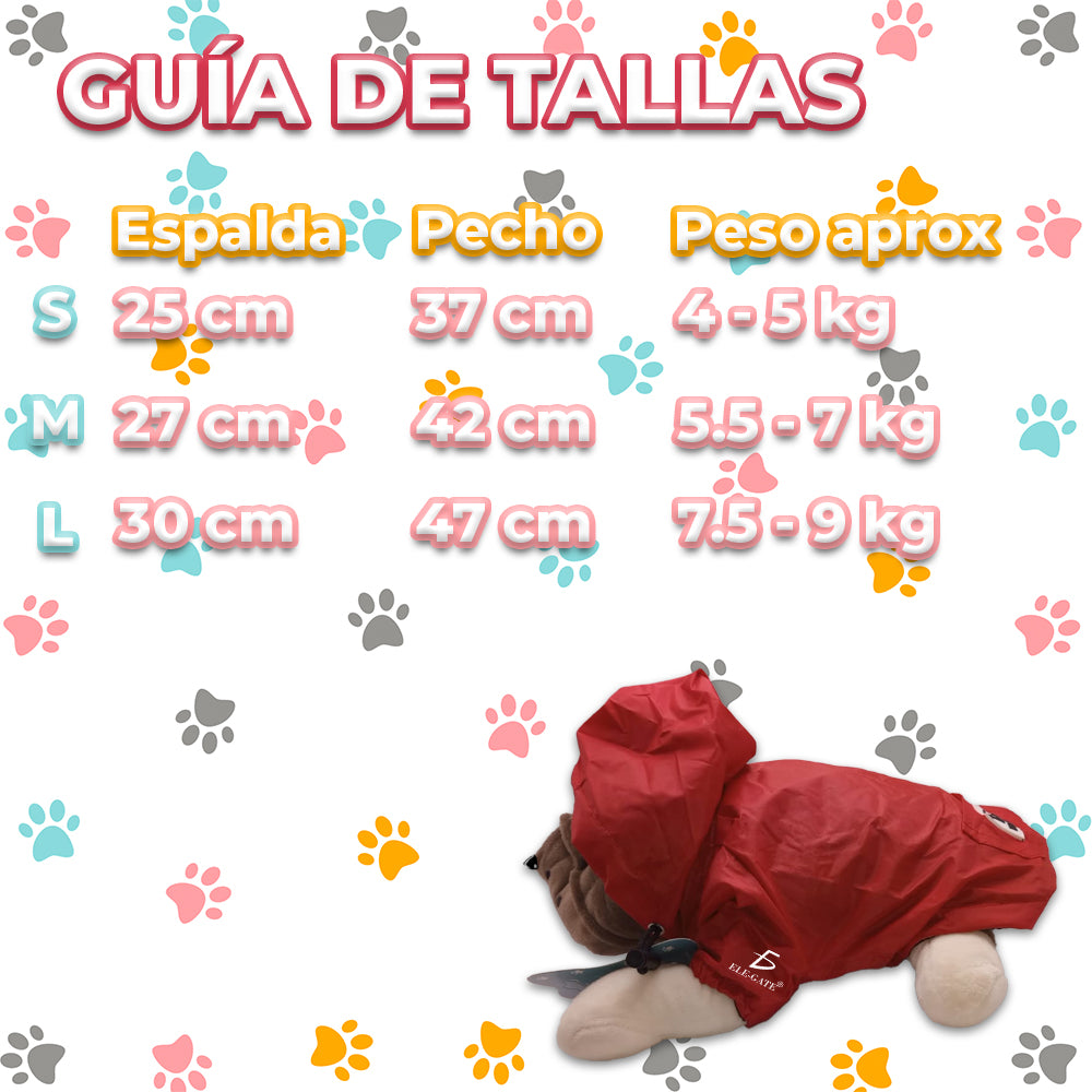Chaqueta impermeable ajustable para perro chico y mediano Yumkapet — guía de tallas del producto